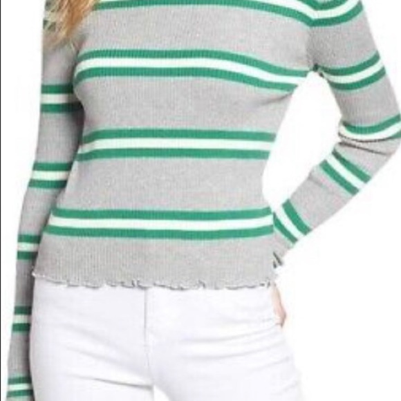 BP. Ribbed Lettuce Edge Long Sleeve Striped Sweater Green Gray Size Large L - Picture 2 of 10
